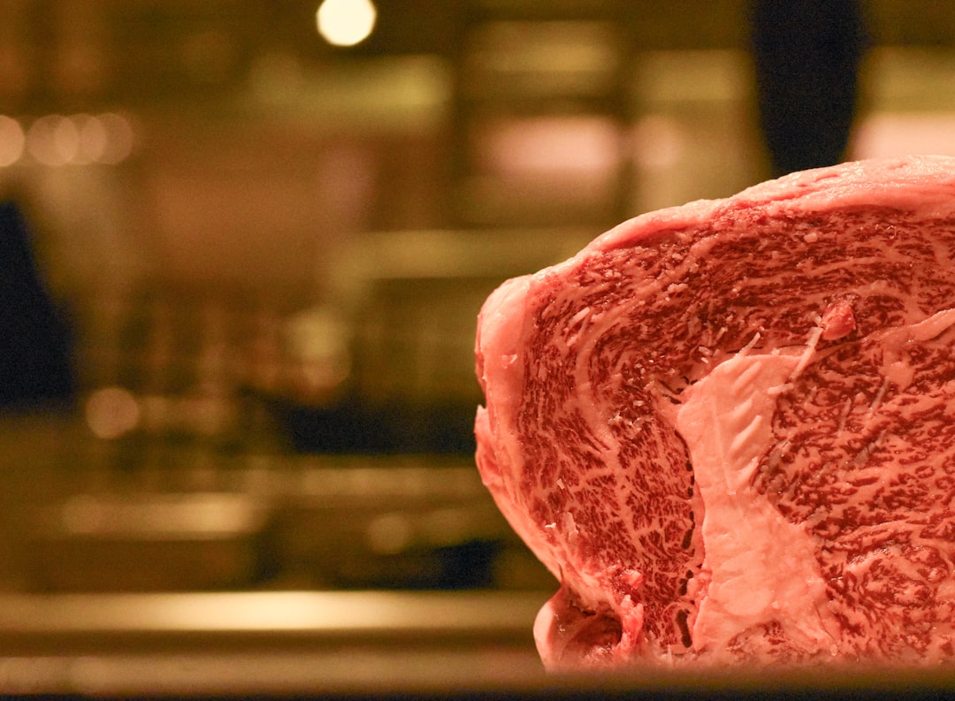Kobe Wagyu beef with excellent marbling, potentially from cattle fed with beer or brewer's spent grain.